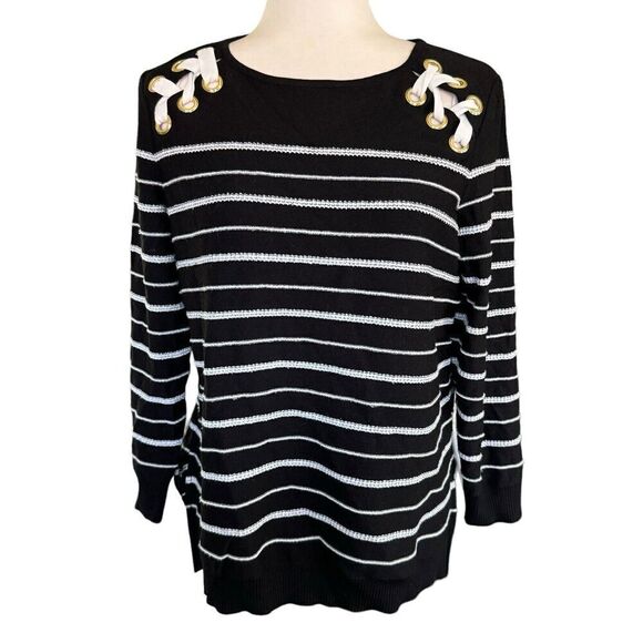 Ming Wang Women's Sweater Black White Stripes Lace Detail Petite Small - Picture 1 of 9